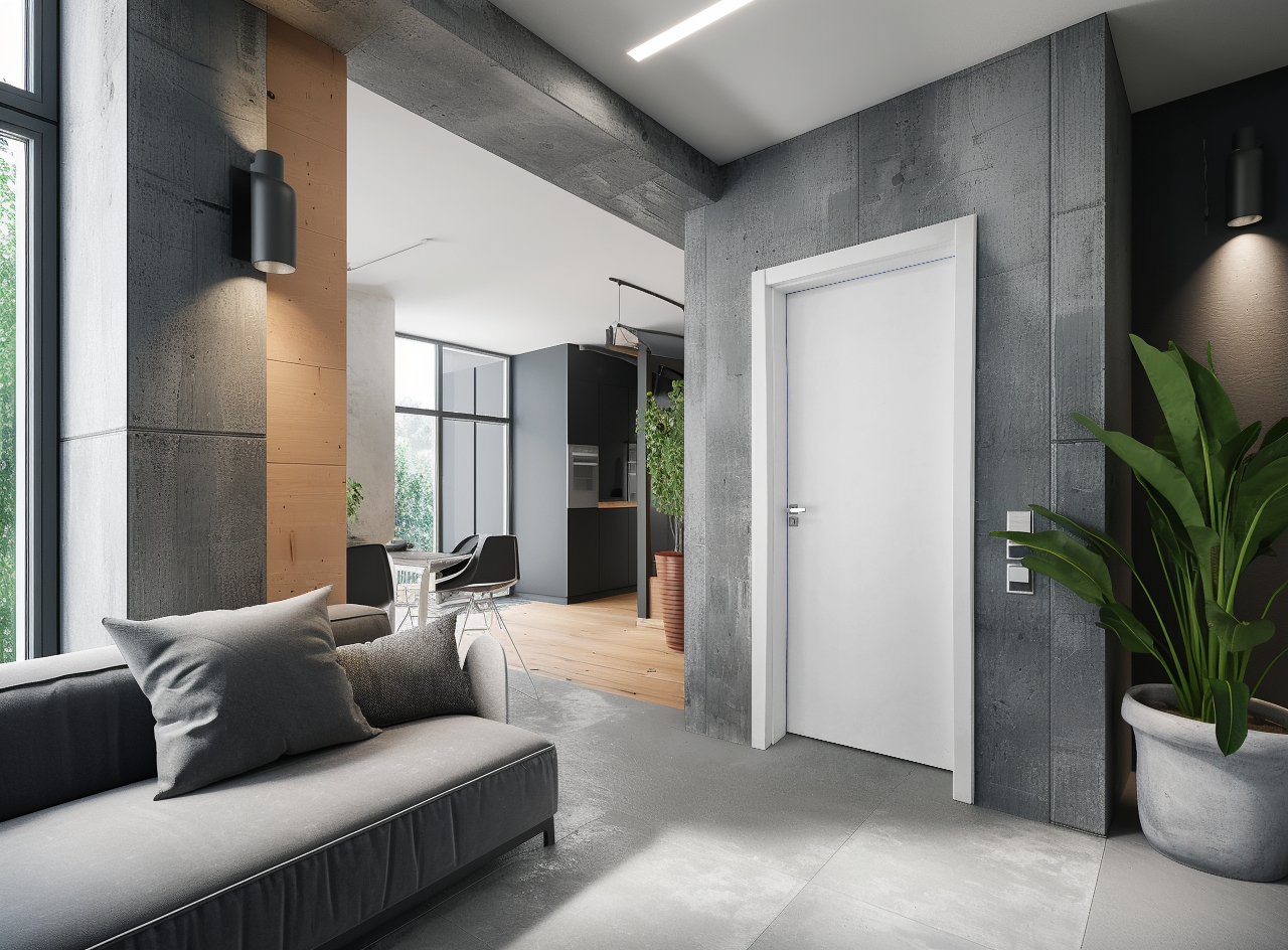 Ambiente de apartamento com porta branca em destaque